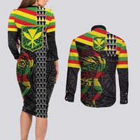 Kanaka Maoli Running Couples Matching Long Sleeve Bodycon Dress and Long Sleeve Button Shirt Kakau Pattern with Kanaka Maoli Flag Color LT03 - Polynesian Pride