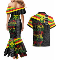 Kanaka Maoli Running Couples Matching Mermaid Dress and Hawaiian Shirt Kakau Pattern with Kanaka Maoli Flag Color LT03 - Polynesian Pride