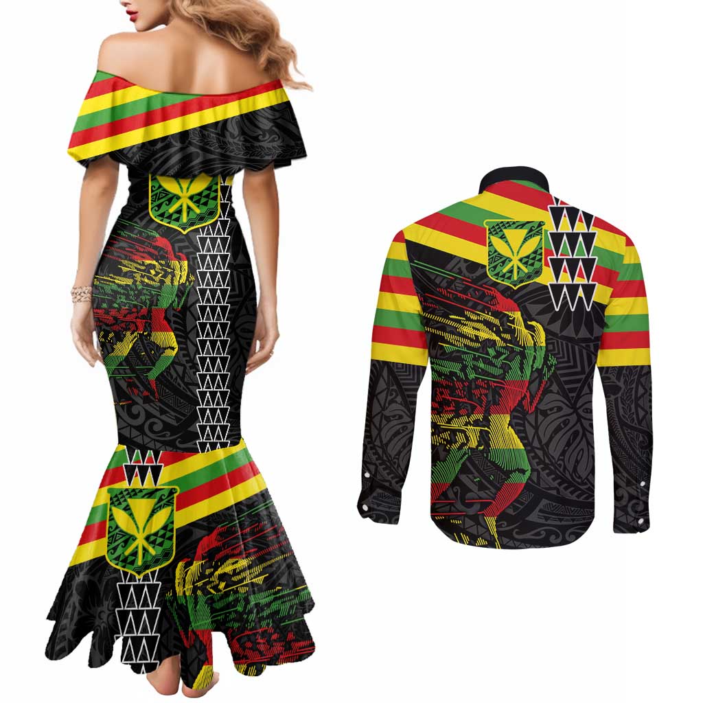 Kanaka Maoli Running Couples Matching Mermaid Dress and Long Sleeve Button Shirt Kakau Pattern with Kanaka Maoli Flag Color LT03 - Polynesian Pride