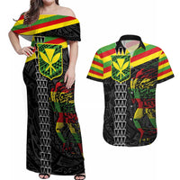 Kanaka Maoli Running Couples Matching Off Shoulder Maxi Dress and Hawaiian Shirt Kakau Pattern with Kanaka Maoli Flag Color LT03 Black - Polynesian Pride