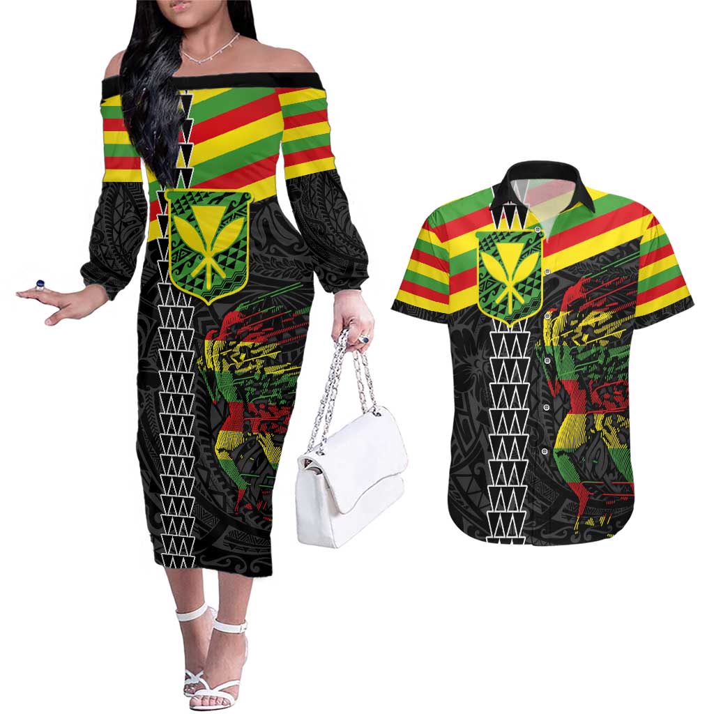 Kanaka Maoli Running Couples Matching Off The Shoulder Long Sleeve Dress and Hawaiian Shirt Kakau Pattern with Kanaka Maoli Flag Color LT03 Black - Polynesian Pride