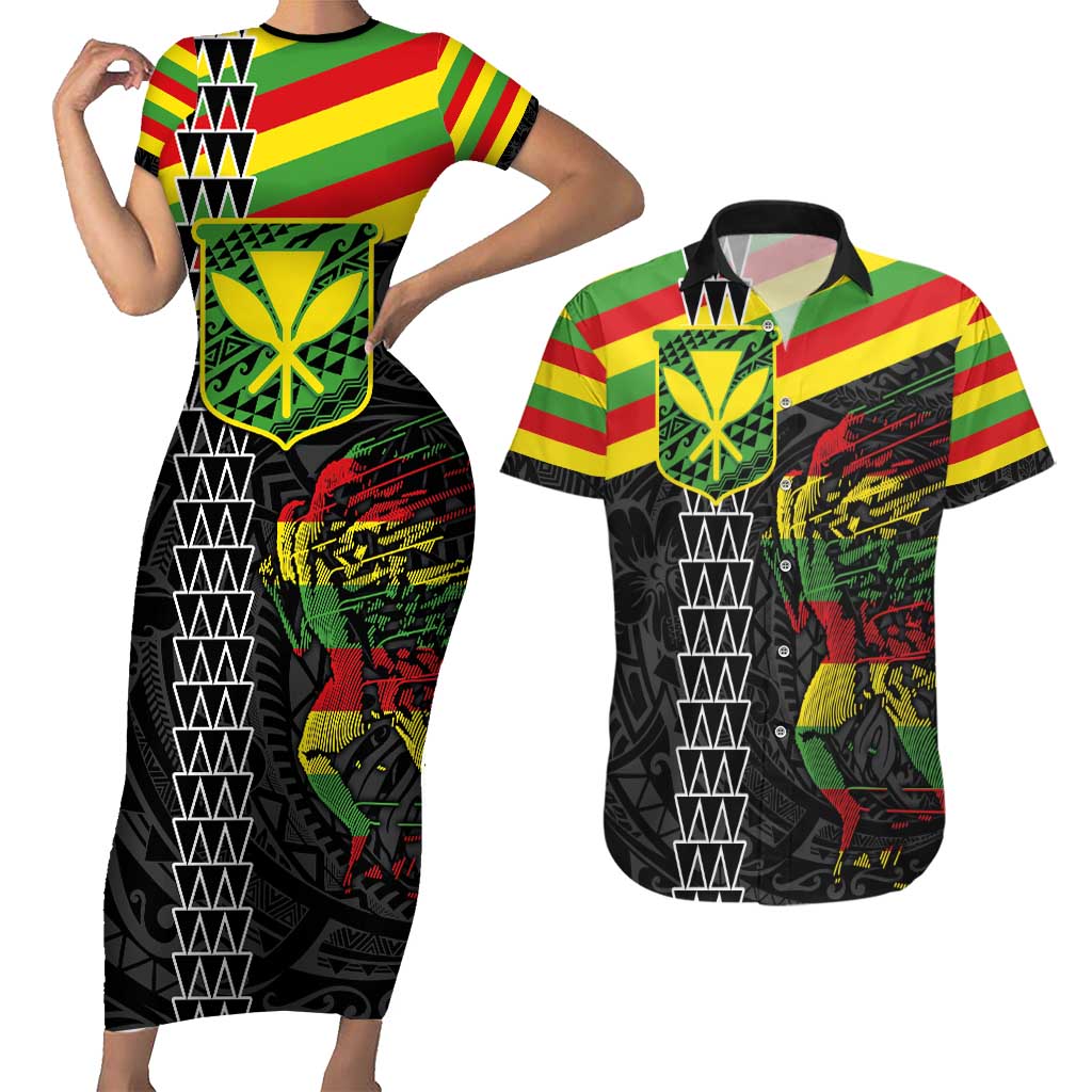 Kanaka Maoli Running Couples Matching Short Sleeve Bodycon Dress and Hawaiian Shirt Kakau Pattern with Kanaka Maoli Flag Color LT03 Black - Polynesian Pride