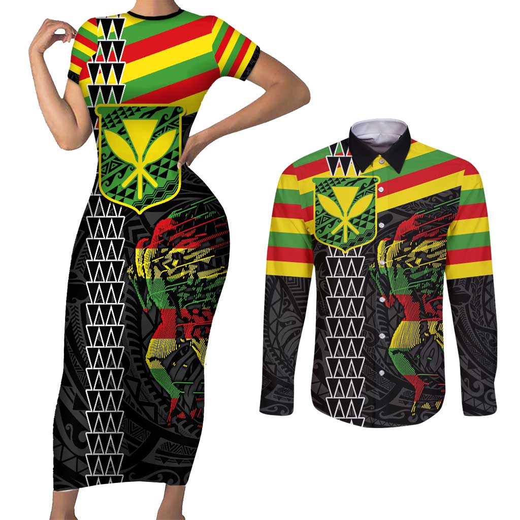 Kanaka Maoli Running Couples Matching Short Sleeve Bodycon Dress and Long Sleeve Button Shirt Kakau Pattern with Kanaka Maoli Flag Color LT03 Black - Polynesian Pride
