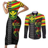 Kanaka Maoli Running Couples Matching Short Sleeve Bodycon Dress and Long Sleeve Button Shirt Kakau Pattern with Kanaka Maoli Flag Color LT03 Black - Polynesian Pride