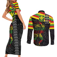 Kanaka Maoli Running Couples Matching Short Sleeve Bodycon Dress and Long Sleeve Button Shirt Kakau Pattern with Kanaka Maoli Flag Color LT03 - Polynesian Pride