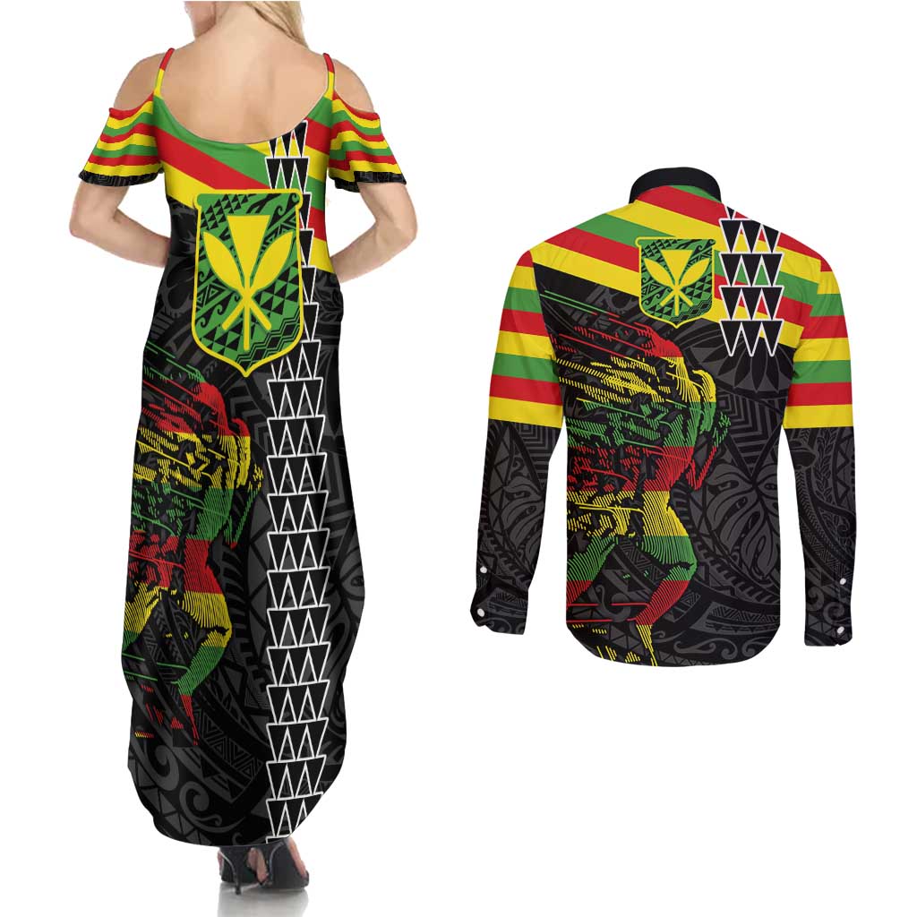 Kanaka Maoli Running Couples Matching Summer Maxi Dress and Long Sleeve Button Shirt Kakau Pattern with Kanaka Maoli Flag Color