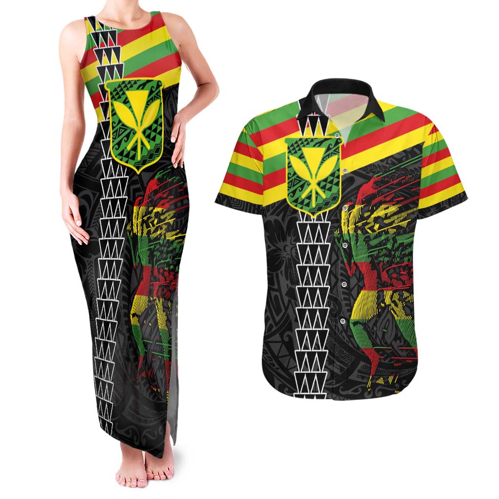 Kanaka Maoli Running Couples Matching Tank Maxi Dress and Hawaiian Shirt Kakau Pattern with Kanaka Maoli Flag Color LT03 Black - Polynesian Pride