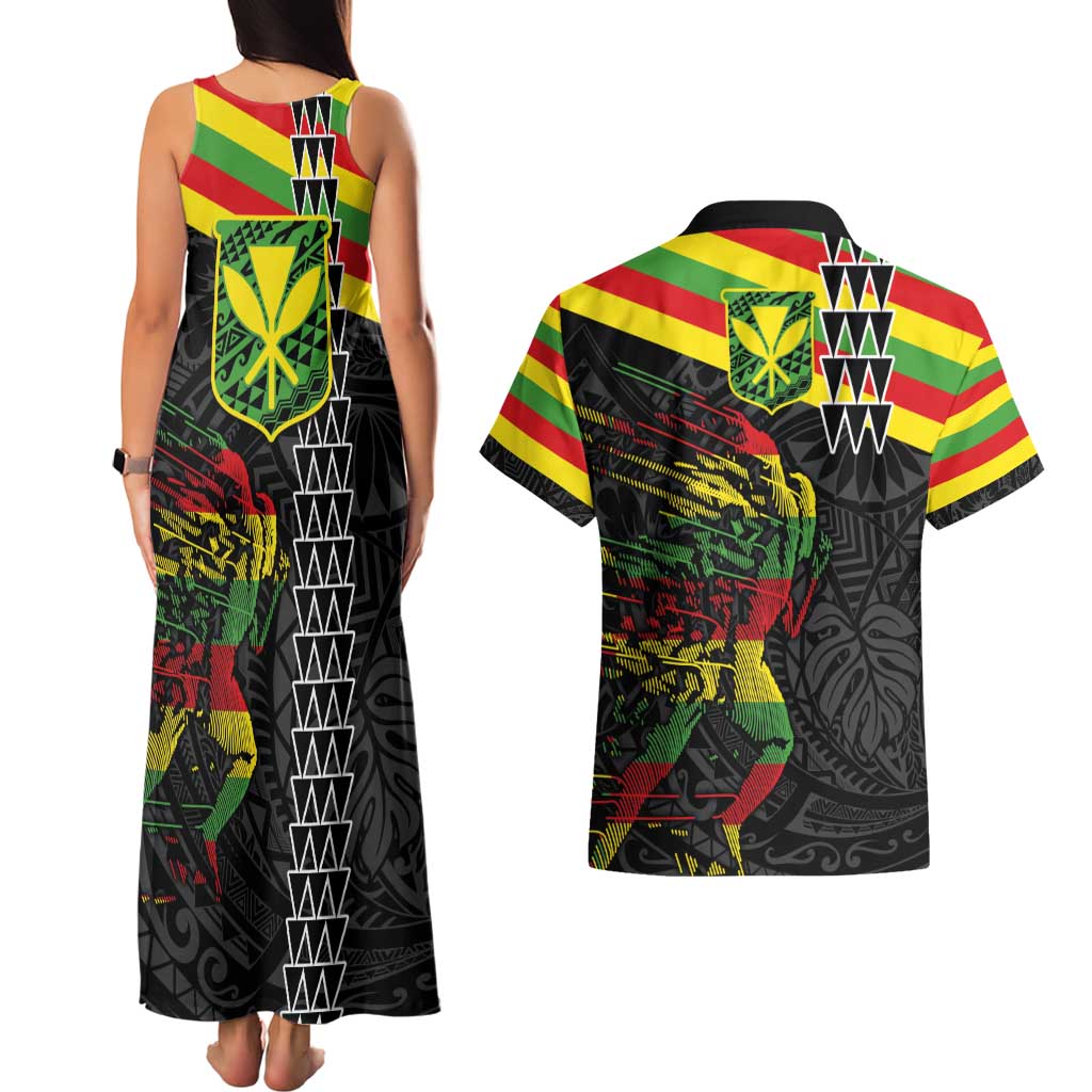 Kanaka Maoli Running Couples Matching Tank Maxi Dress and Hawaiian Shirt Kakau Pattern with Kanaka Maoli Flag Color LT03 - Polynesian Pride