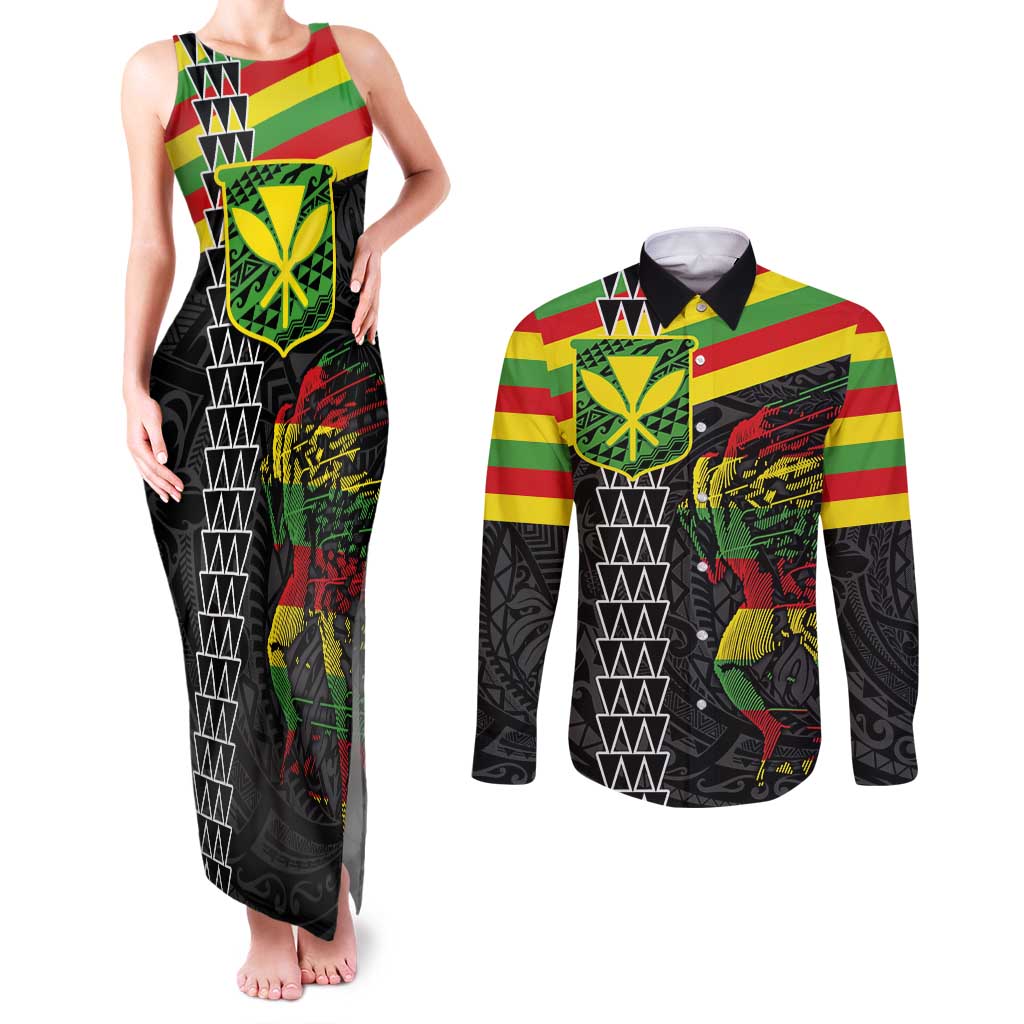 Kanaka Maoli Running Couples Matching Tank Maxi Dress and Long Sleeve Button Shirt Kakau Pattern with Kanaka Maoli Flag Color LT03 Black - Polynesian Pride