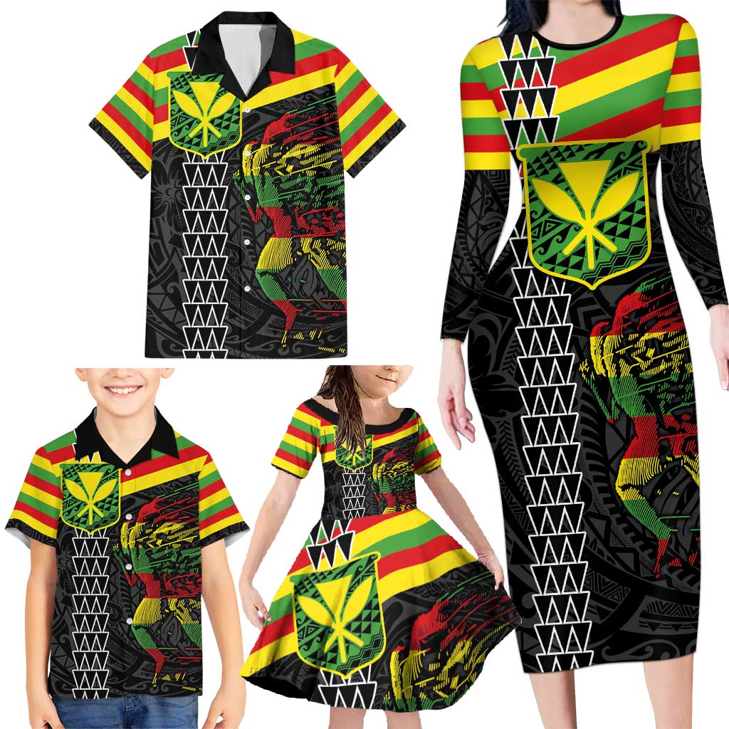Kanaka Maoli Running Family Matching Long Sleeve Bodycon Dress and Hawaiian Shirt Kakau Pattern with Kanaka Maoli Flag Color LT03 - Polynesian Pride