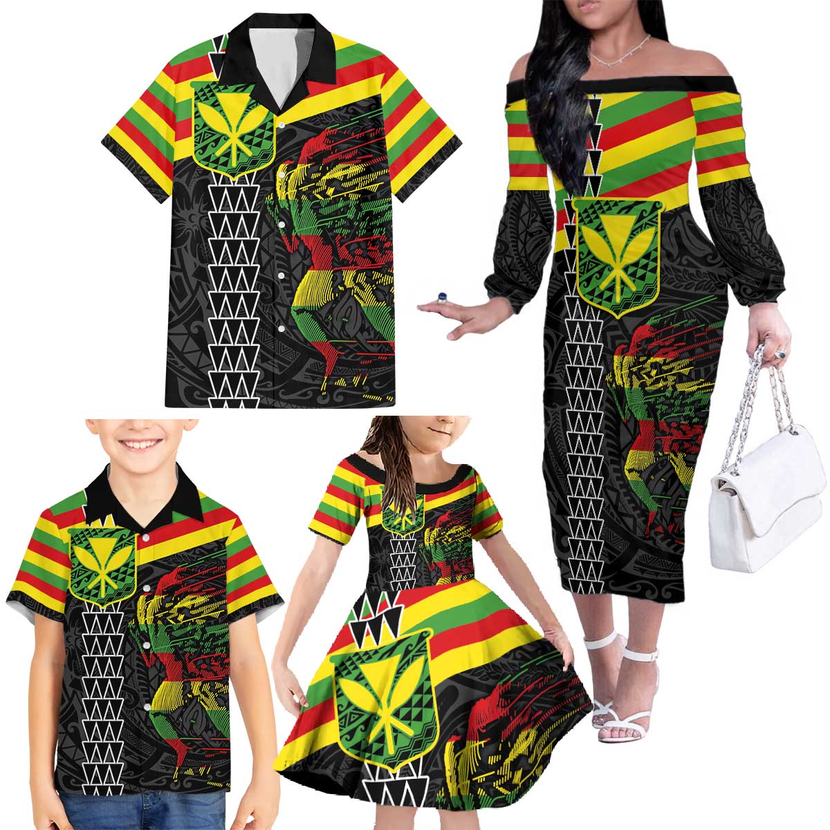 Kanaka Maoli Running Family Matching Off The Shoulder Long Sleeve Dress and Hawaiian Shirt Kakau Pattern with Kanaka Maoli Flag Color LT03 - Polynesian Pride