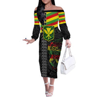 Kanaka Maoli Running Family Matching Off The Shoulder Long Sleeve Dress and Hawaiian Shirt Kakau Pattern with Kanaka Maoli Flag Color LT03 Mom's Dress Black - Polynesian Pride