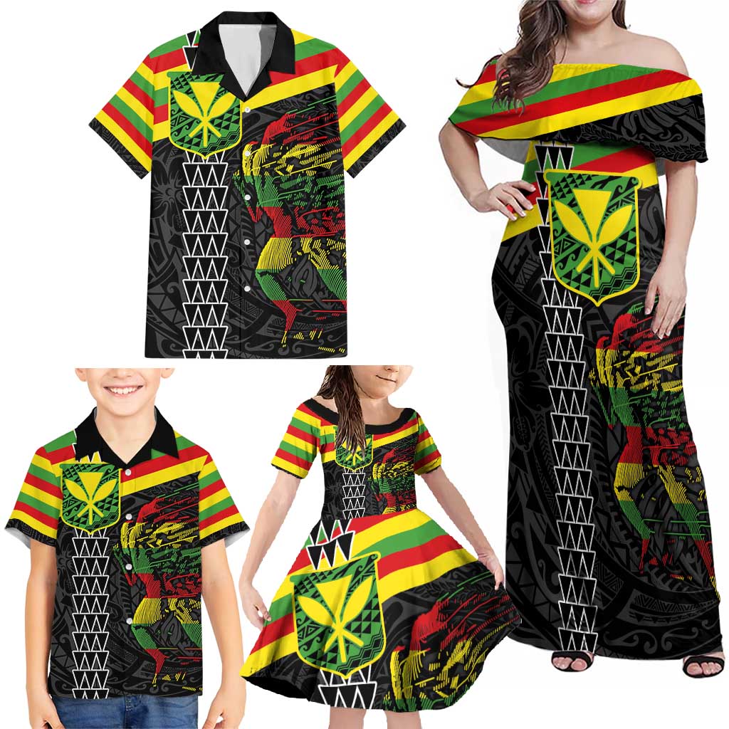 Kanaka Maoli Running Family Matching Off Shoulder Maxi Dress and Hawaiian Shirt Kakau Pattern with Kanaka Maoli Flag Color LT03 - Polynesian Pride