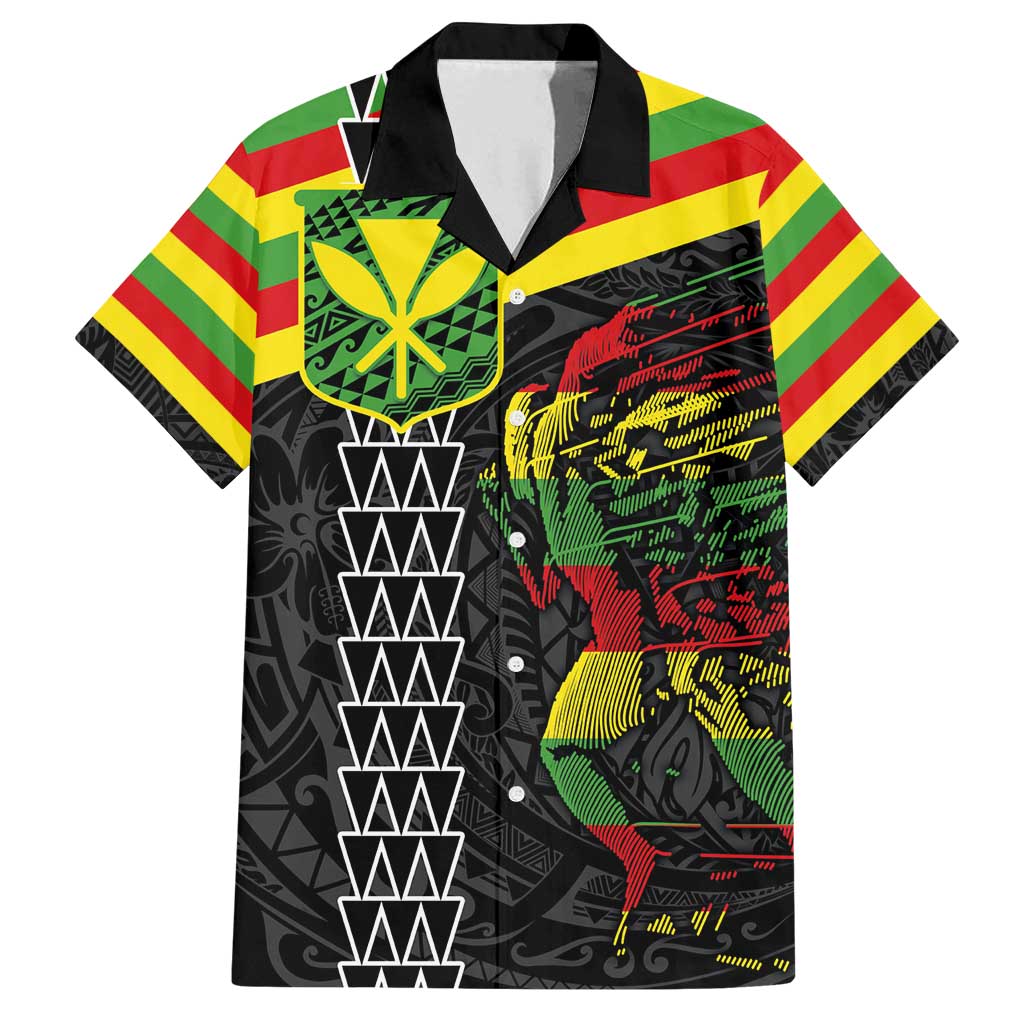 Kanaka Maoli Running Family Matching Off Shoulder Maxi Dress and Hawaiian Shirt Kakau Pattern with Kanaka Maoli Flag Color LT03 Dad's Shirt - Short Sleeve Black - Polynesian Pride