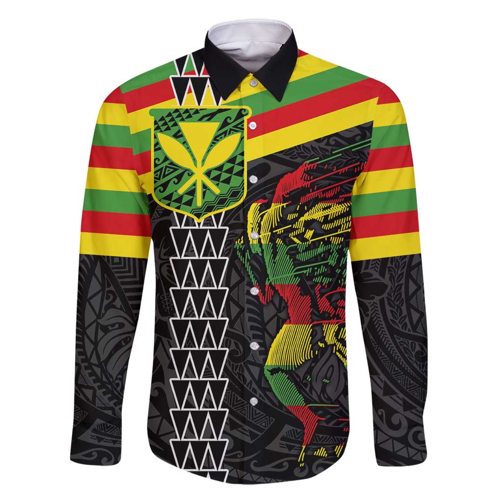 Kanaka Maoli Running Family Matching Off Shoulder Maxi Dress and Hawaiian Shirt Kakau Pattern with Kanaka Maoli Flag Color LT03 Dad's Shirt - Long Sleeve Black - Polynesian Pride