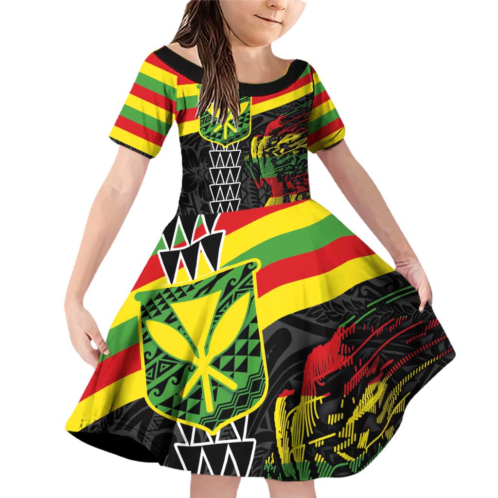 Kanaka Maoli Running Family Matching Off Shoulder Short Dress and Hawaiian Shirt Kakau Pattern with Kanaka Maoli Flag Color LT03 Daughter's Dress Black - Polynesian Pride