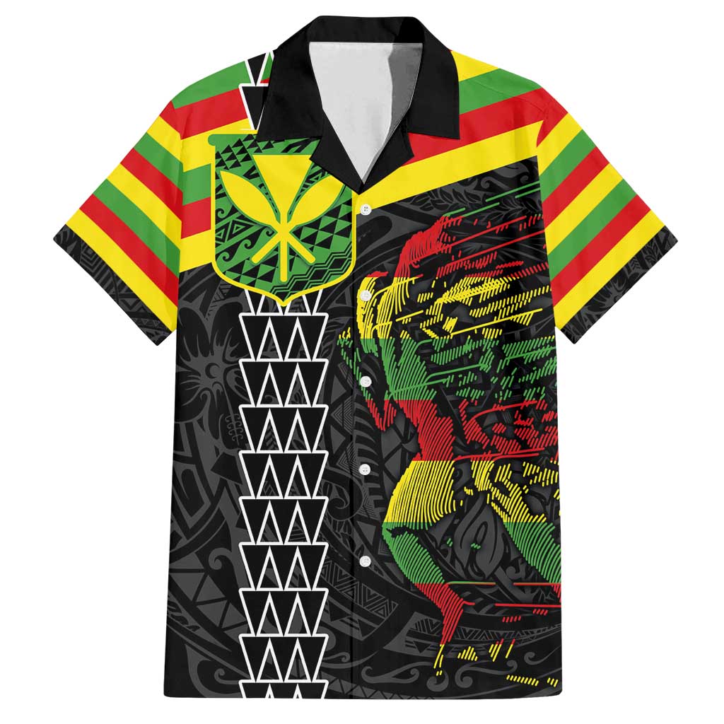 Kanaka Maoli Running Family Matching Puletasi and Hawaiian Shirt Kakau Pattern with Kanaka Maoli Flag Color LT03 Dad's Shirt - Short Sleeve Black - Polynesian Pride