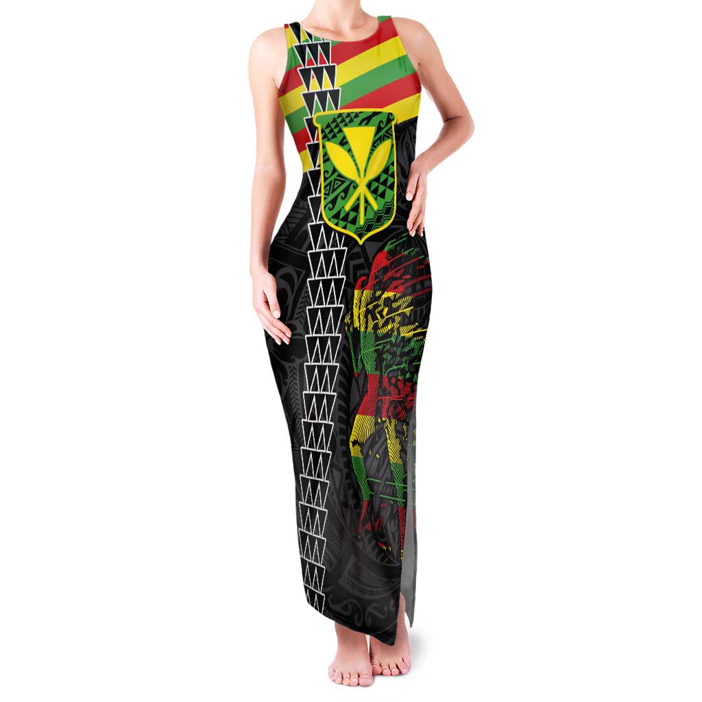 Kanaka Maoli Running Family Matching Tank Maxi Dress and Hawaiian Shirt Kakau Pattern with Kanaka Maoli Flag Color LT03 Mom's Dress Black - Polynesian Pride