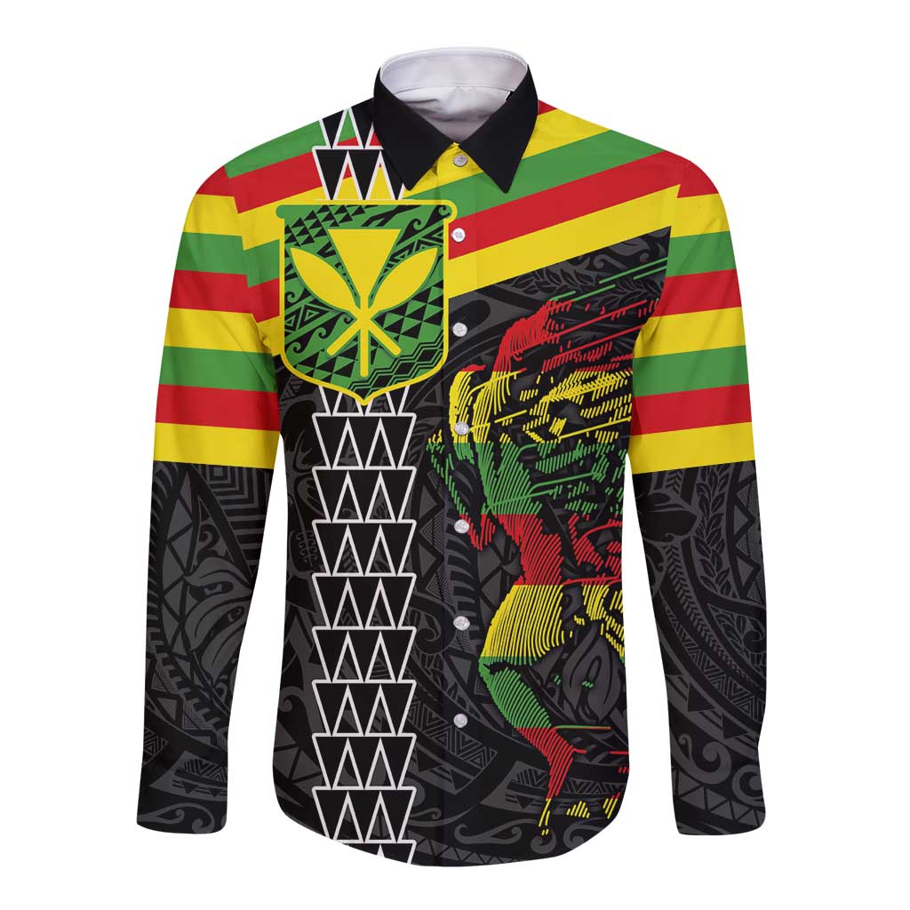 Kanaka Maoli Running Long Sleeve Button Shirt Kakau Pattern with Kanaka Maoli Flag Color LT03 Unisex Black - Polynesian Pride