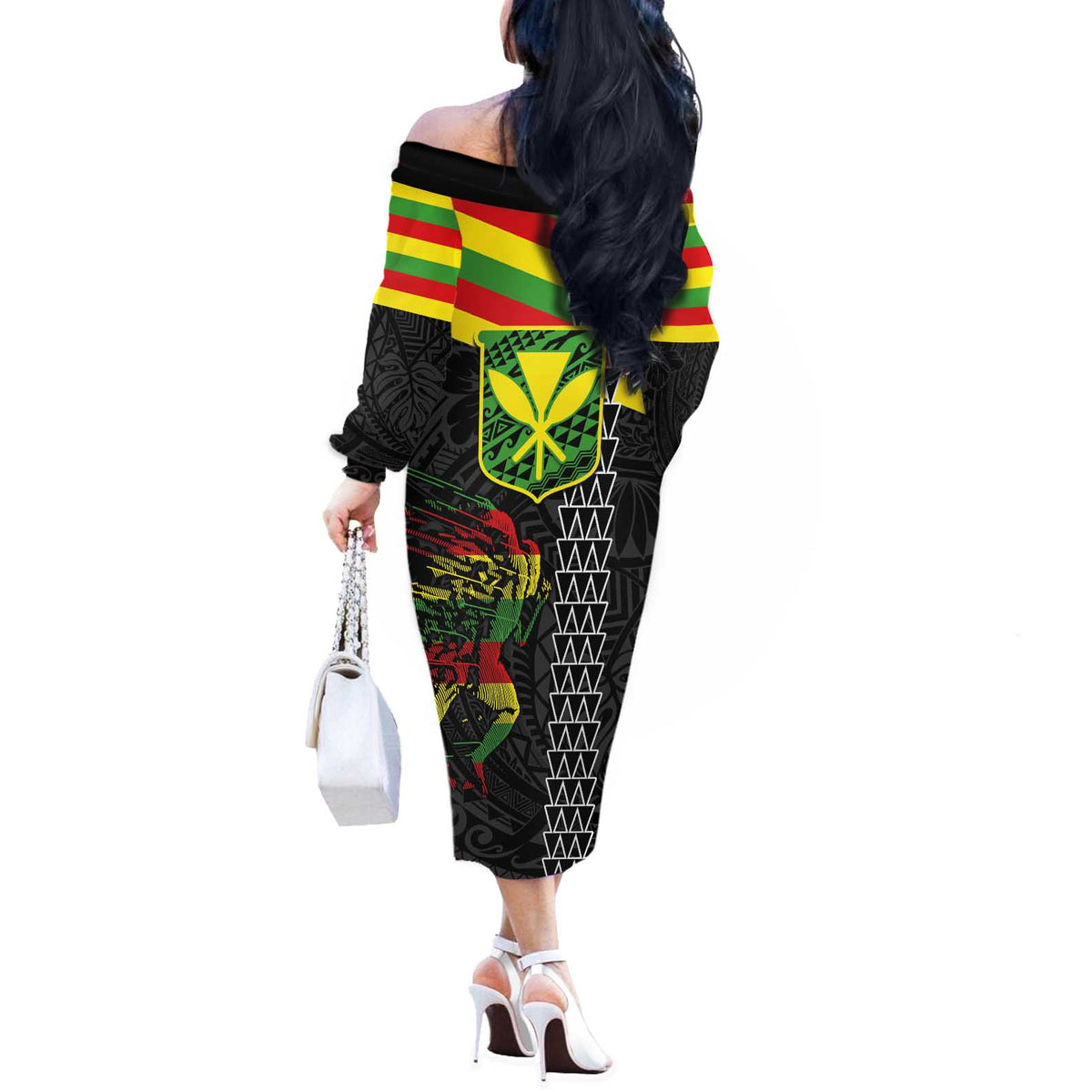 Kanaka Maoli Running Off The Shoulder Long Sleeve Dress Kakau Pattern with Kanaka Maoli Flag Color