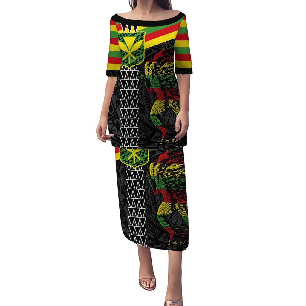 Kanaka Maoli Running Puletasi Kakau Pattern with Kanaka Maoli Flag Color LT03 Long Dress Black - Polynesian Pride