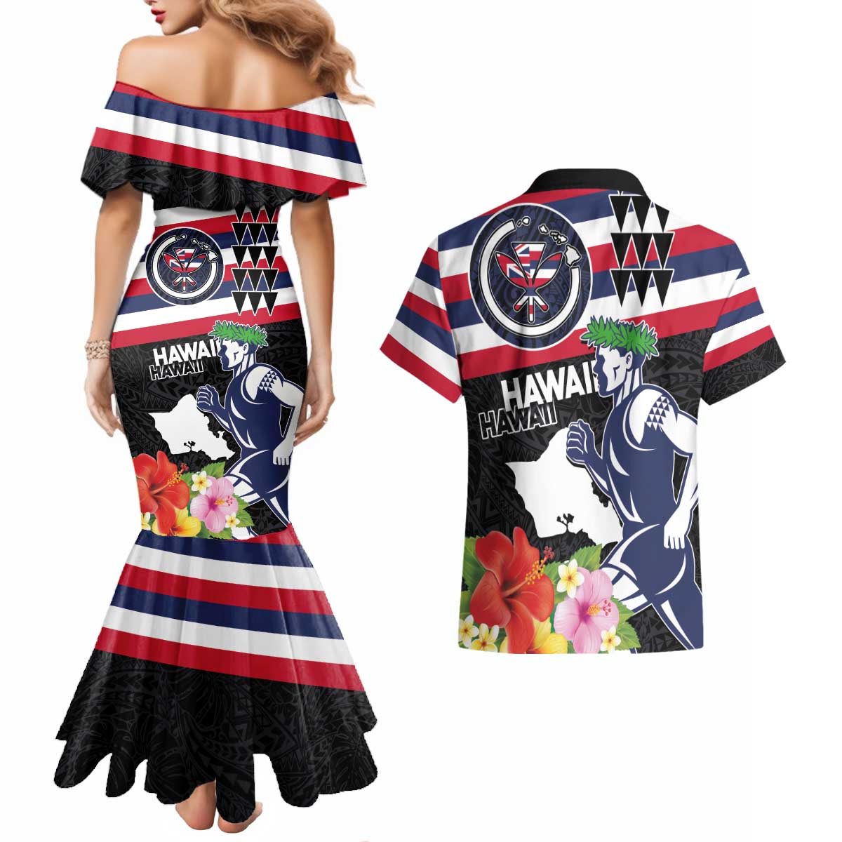 Honolulu Running Race Couples Matching Mermaid Dress and Hawaiian Shirt Hawaii Marathon Kakau Art with Hibiscus and National Flag Style LT03 - Polynesian Pride