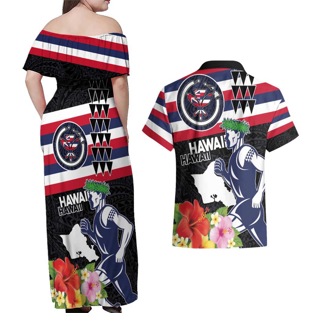 Honolulu Running Race Couples Matching Off Shoulder Maxi Dress and Hawaiian Shirt Hawaii Marathon Kakau Art with Hibiscus and National Flag Style LT03 - Polynesian Pride