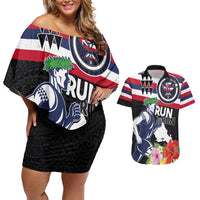 Honolulu Running Race Couples Matching Off Shoulder Short Dress and Hawaiian Shirt Hawaii Marathon Kakau Art with Hibiscus and National Flag Style