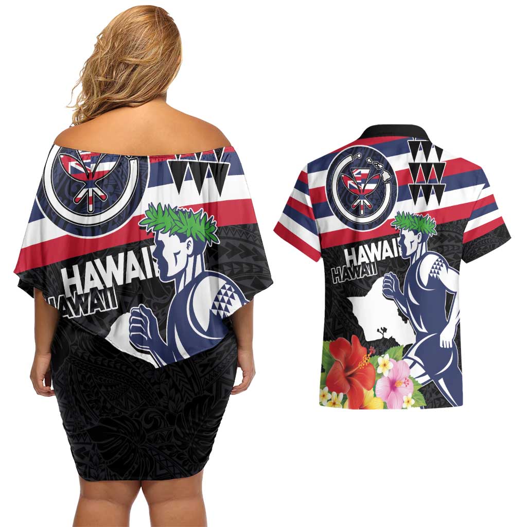 Honolulu Running Race Couples Matching Off Shoulder Short Dress and Hawaiian Shirt Hawaii Marathon Kakau Art with Hibiscus and National Flag Style