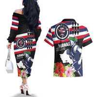 Honolulu Running Race Couples Matching Off The Shoulder Long Sleeve Dress and Hawaiian Shirt Hawaii Marathon Kakau Art with Hibiscus and National Flag Style