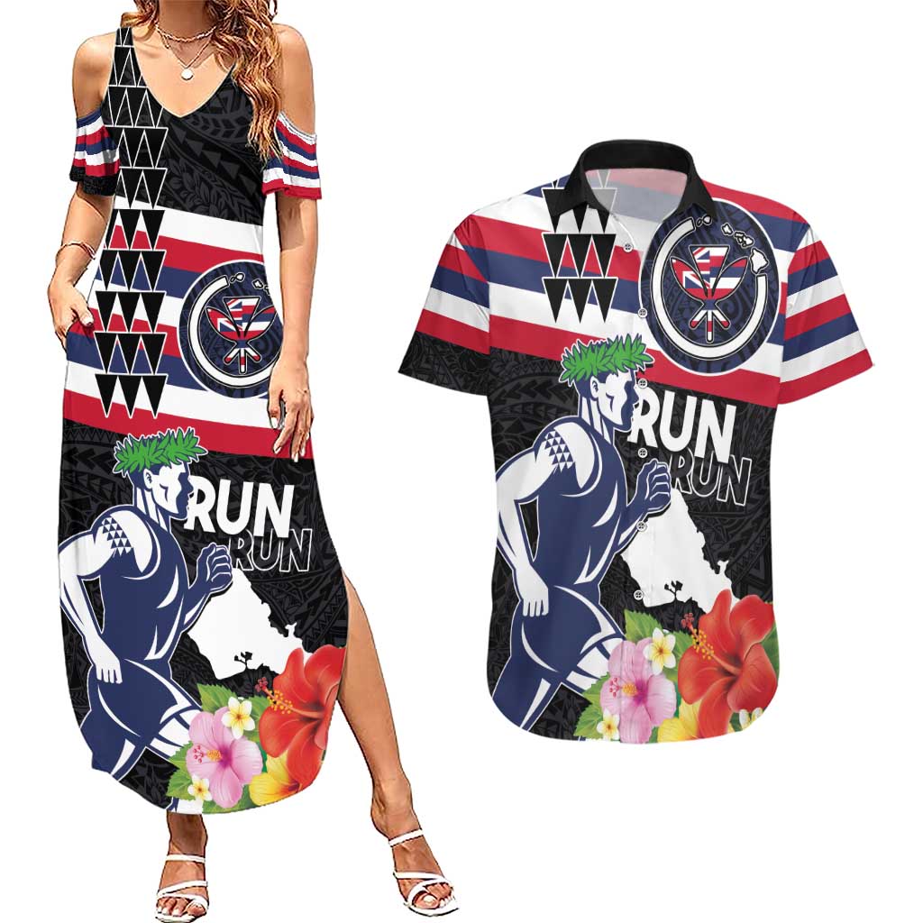 Honolulu Running Race Couples Matching Summer Maxi Dress and Hawaiian Shirt Hawaii Marathon Kakau Art with Hibiscus and National Flag Style