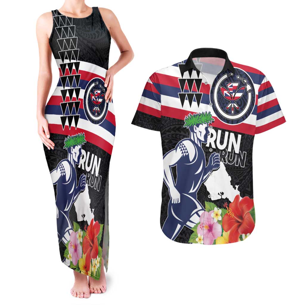 Honolulu Running Race Couples Matching Tank Maxi Dress and Hawaiian Shirt Hawaii Marathon Kakau Art with Hibiscus and National Flag Style