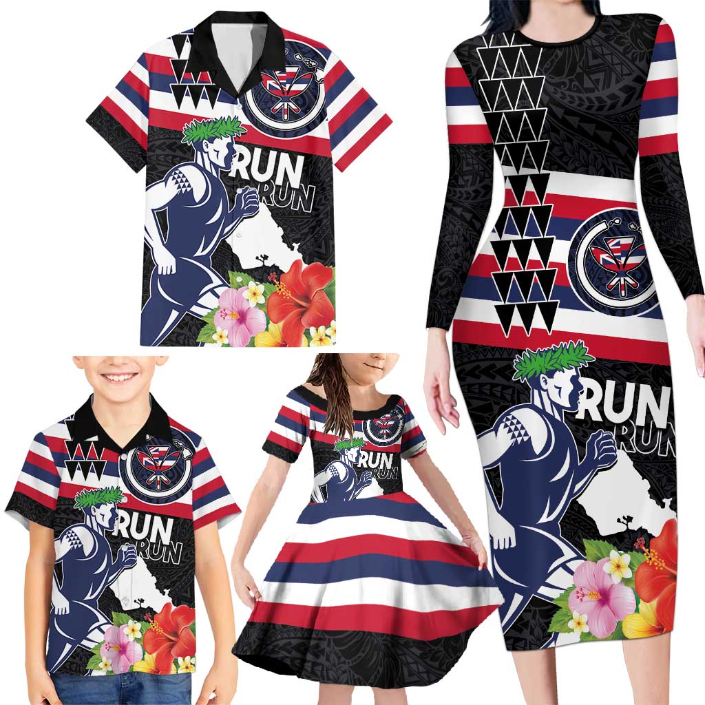 Honolulu Running Race Family Matching Long Sleeve Bodycon Dress and Hawaiian Shirt Hawaii Marathon Kakau Art with Hibiscus and National Flag Style LT03 - Polynesian Pride