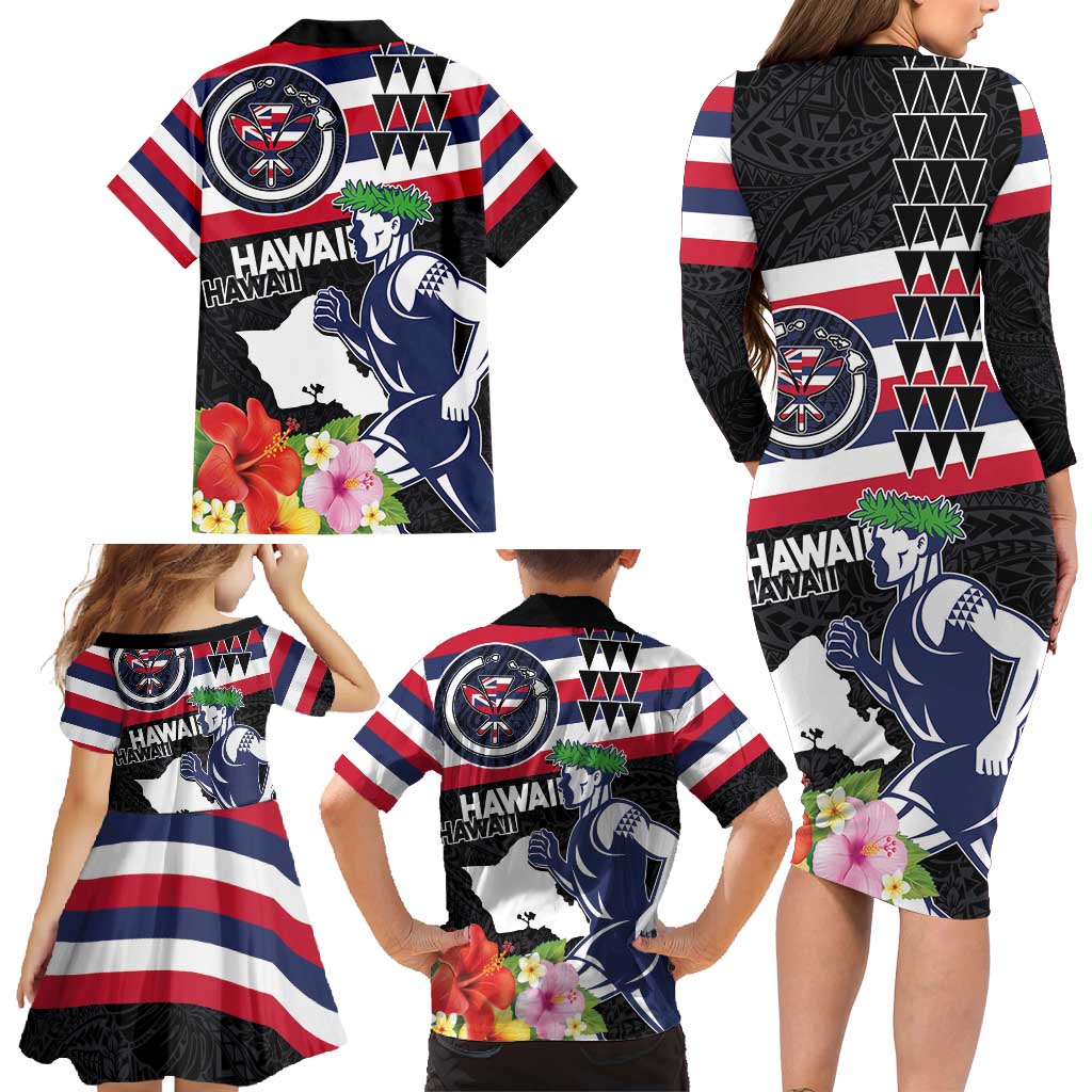 Honolulu Running Race Family Matching Long Sleeve Bodycon Dress and Hawaiian Shirt Hawaii Marathon Kakau Art with Hibiscus and National Flag Style LT03 - Polynesian Pride