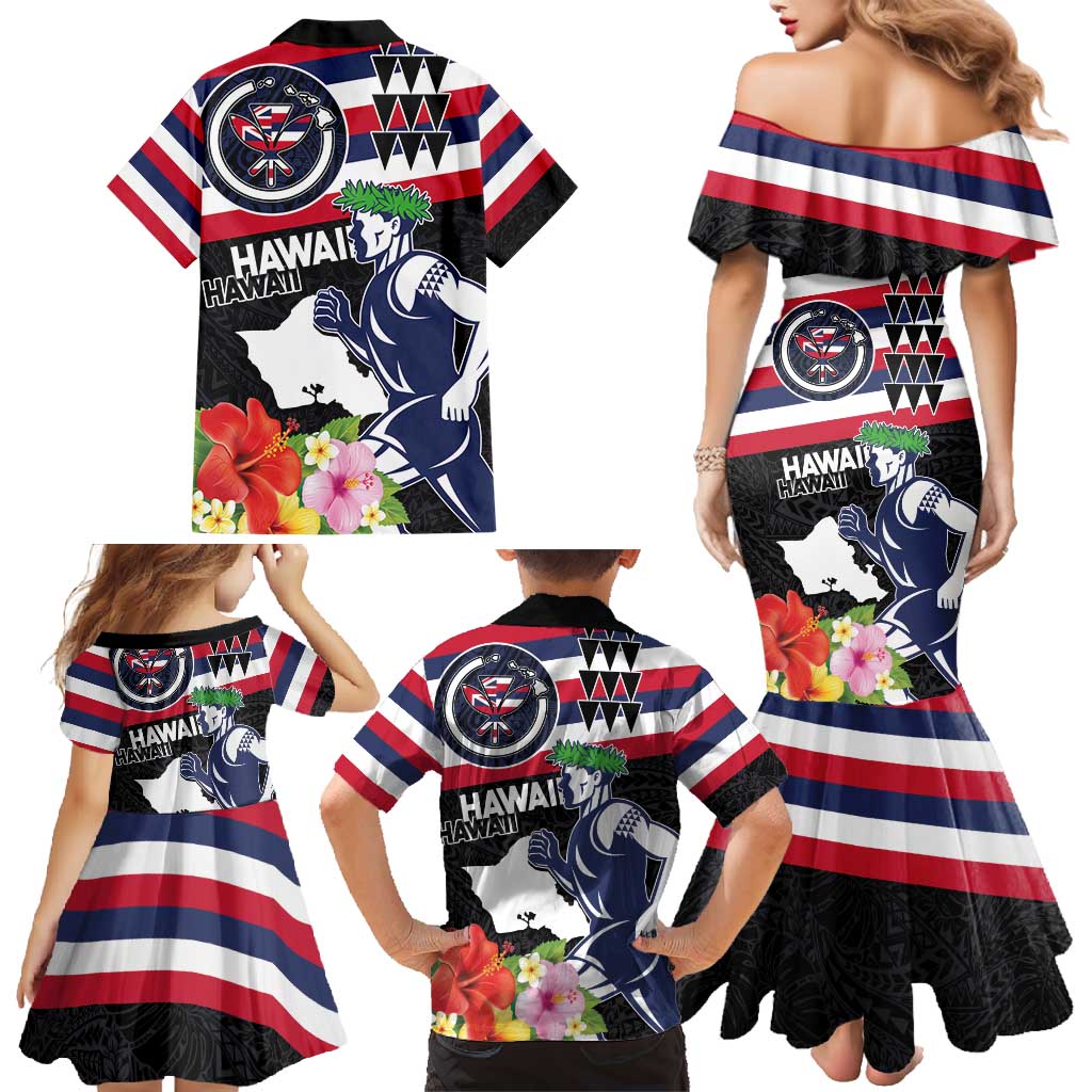 Honolulu Running Race Family Matching Mermaid Dress and Hawaiian Shirt Hawaii Marathon Kakau Art with Hibiscus and National Flag Style LT03 - Polynesian Pride