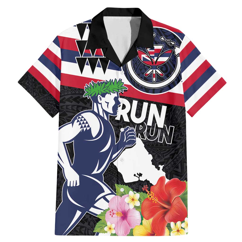 Honolulu Running Race Family Matching Mermaid Dress and Hawaiian Shirt Hawaii Marathon Kakau Art with Hibiscus and National Flag Style LT03 Dad's Shirt - Short Sleeve Blue and White - Polynesian Pride