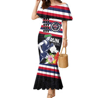 Honolulu Running Race Family Matching Mermaid Dress and Hawaiian Shirt Hawaii Marathon Kakau Art with Hibiscus and National Flag Style LT03 Mom's Dress Blue and White - Polynesian Pride