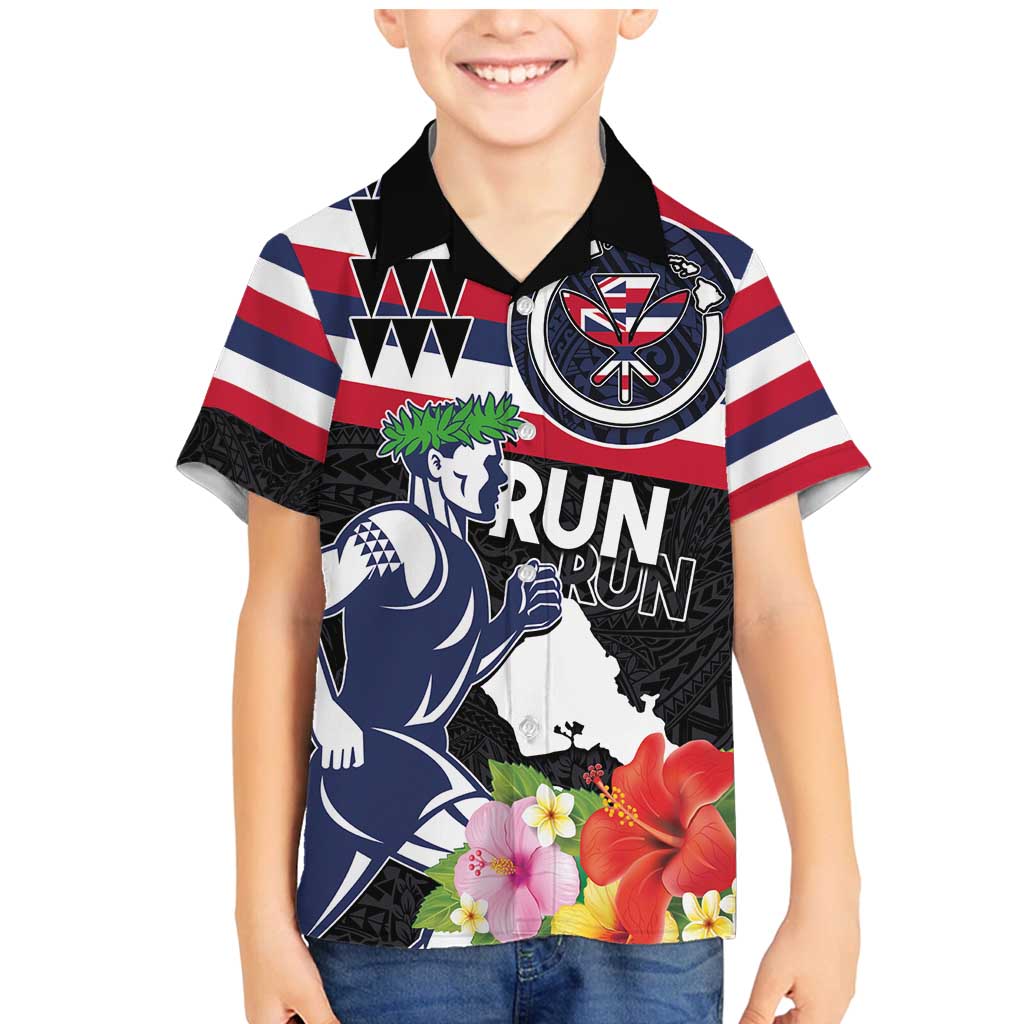 Honolulu Running Race Family Matching Mermaid Dress and Hawaiian Shirt Hawaii Marathon Kakau Art with Hibiscus and National Flag Style LT03 Son's Shirt Blue and White - Polynesian Pride