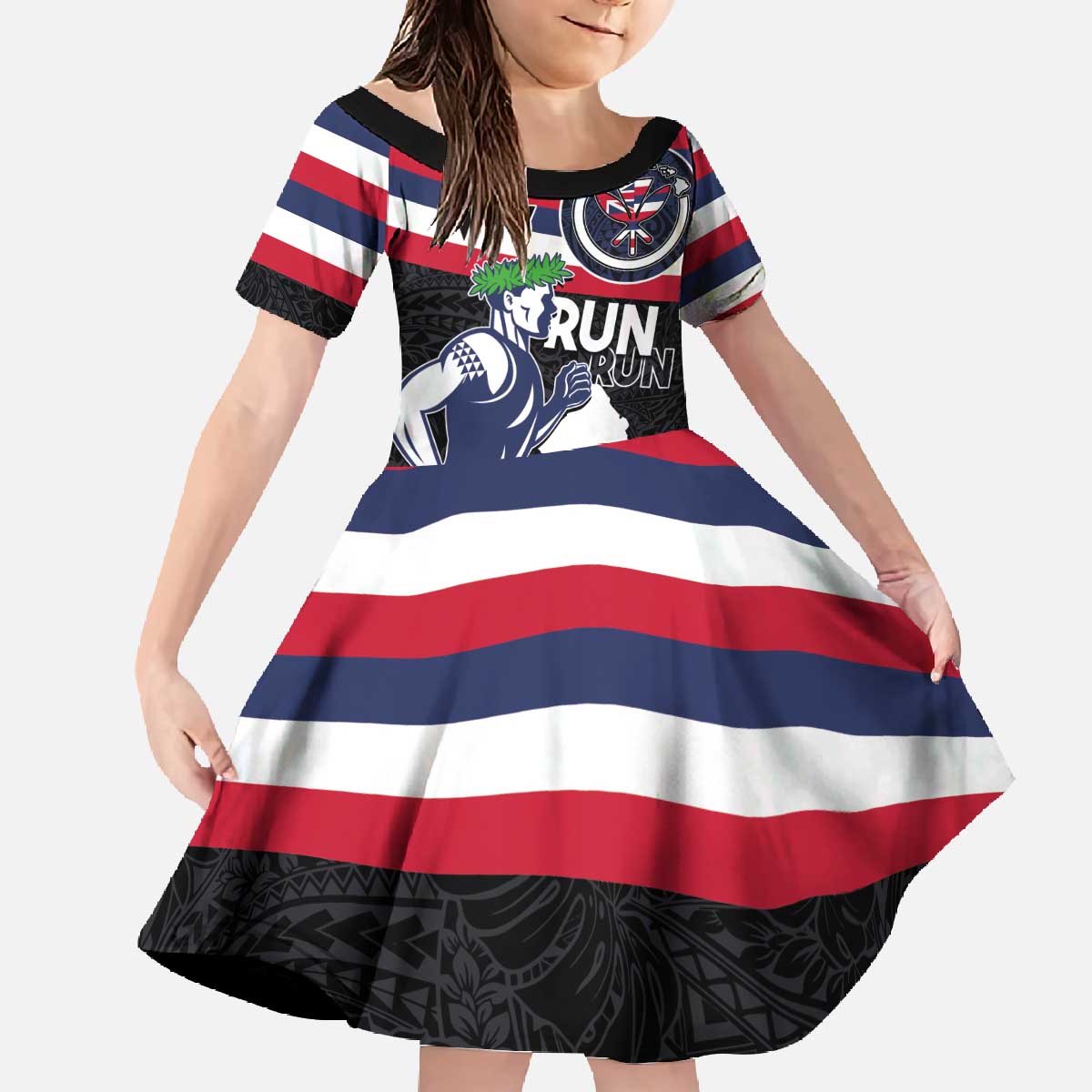 Honolulu Running Race Family Matching Off The Shoulder Long Sleeve Dress and Hawaiian Shirt Hawaii Marathon Kakau Art with Hibiscus and National Flag Style LT03 Daughter's Dress Blue and White - Polynesian Pride