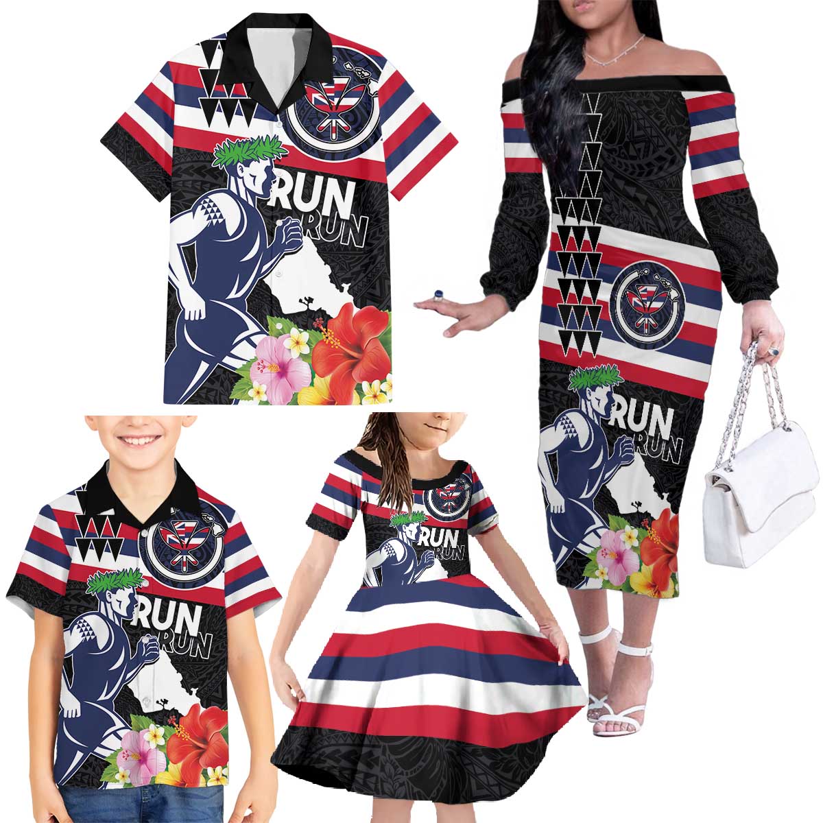 Honolulu Running Race Family Matching Off The Shoulder Long Sleeve Dress and Hawaiian Shirt Hawaii Marathon Kakau Art with Hibiscus and National Flag Style LT03 - Polynesian Pride