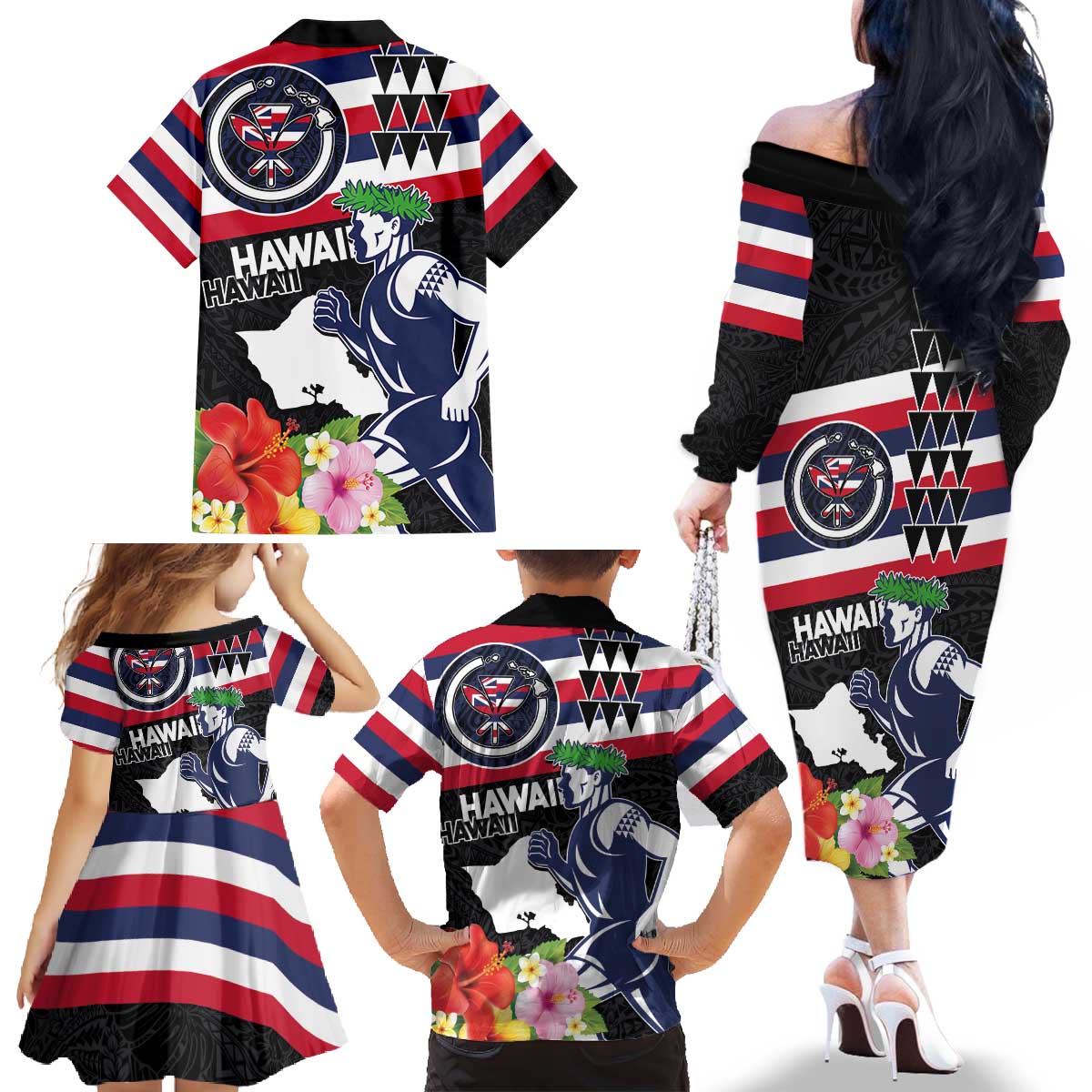 Honolulu Running Race Family Matching Off The Shoulder Long Sleeve Dress and Hawaiian Shirt Hawaii Marathon Kakau Art with Hibiscus and National Flag Style LT03 - Polynesian Pride
