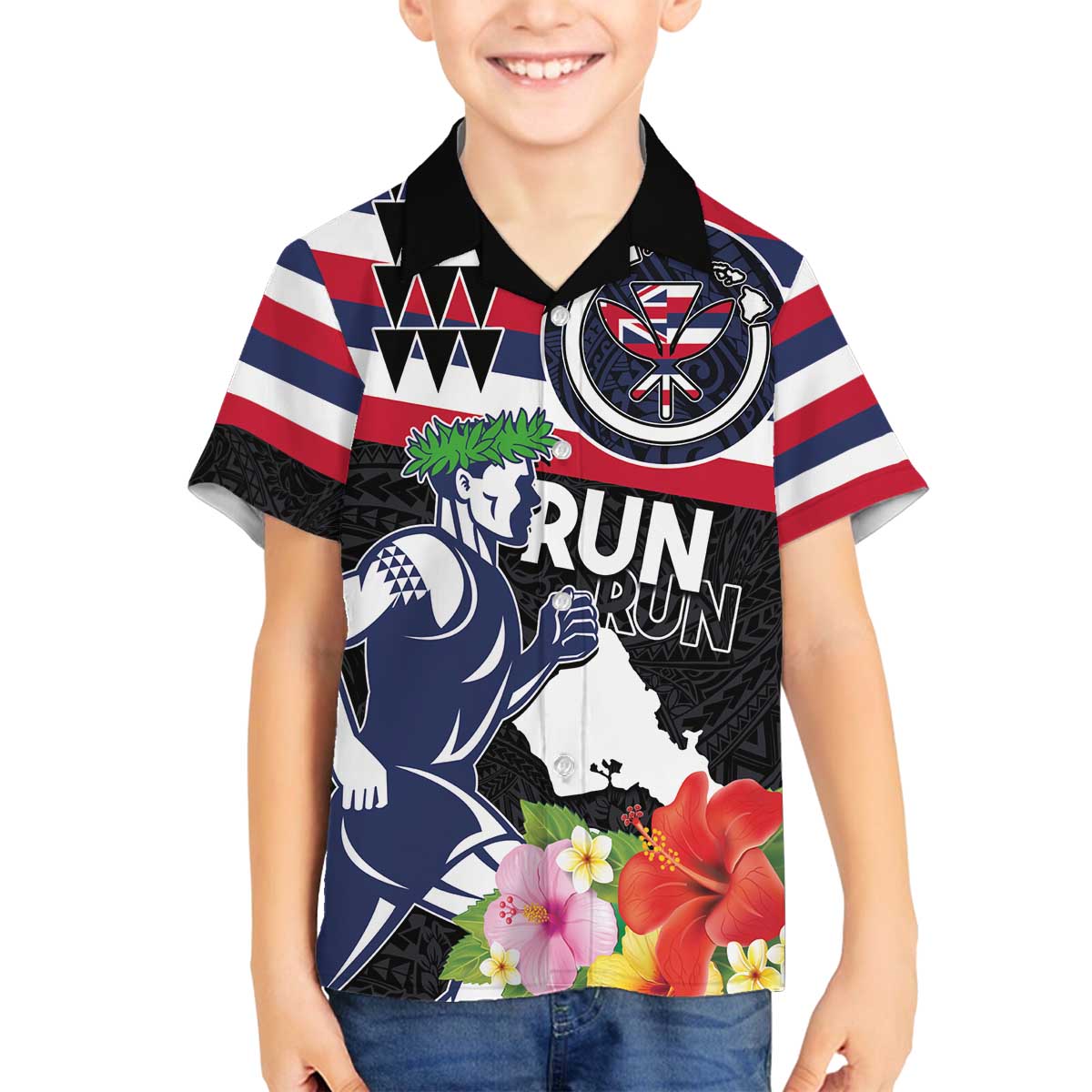 Honolulu Running Race Family Matching Off The Shoulder Long Sleeve Dress and Hawaiian Shirt Hawaii Marathon Kakau Art with Hibiscus and National Flag Style LT03 Son's Shirt Blue and White - Polynesian Pride
