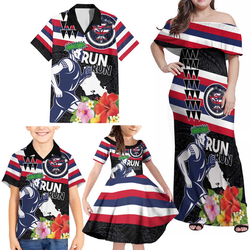 Honolulu Running Race Family Matching Off Shoulder Maxi Dress and Hawaiian Shirt Hawaii Marathon Kakau Art with Hibiscus and National Flag Style LT03 - Polynesian Pride