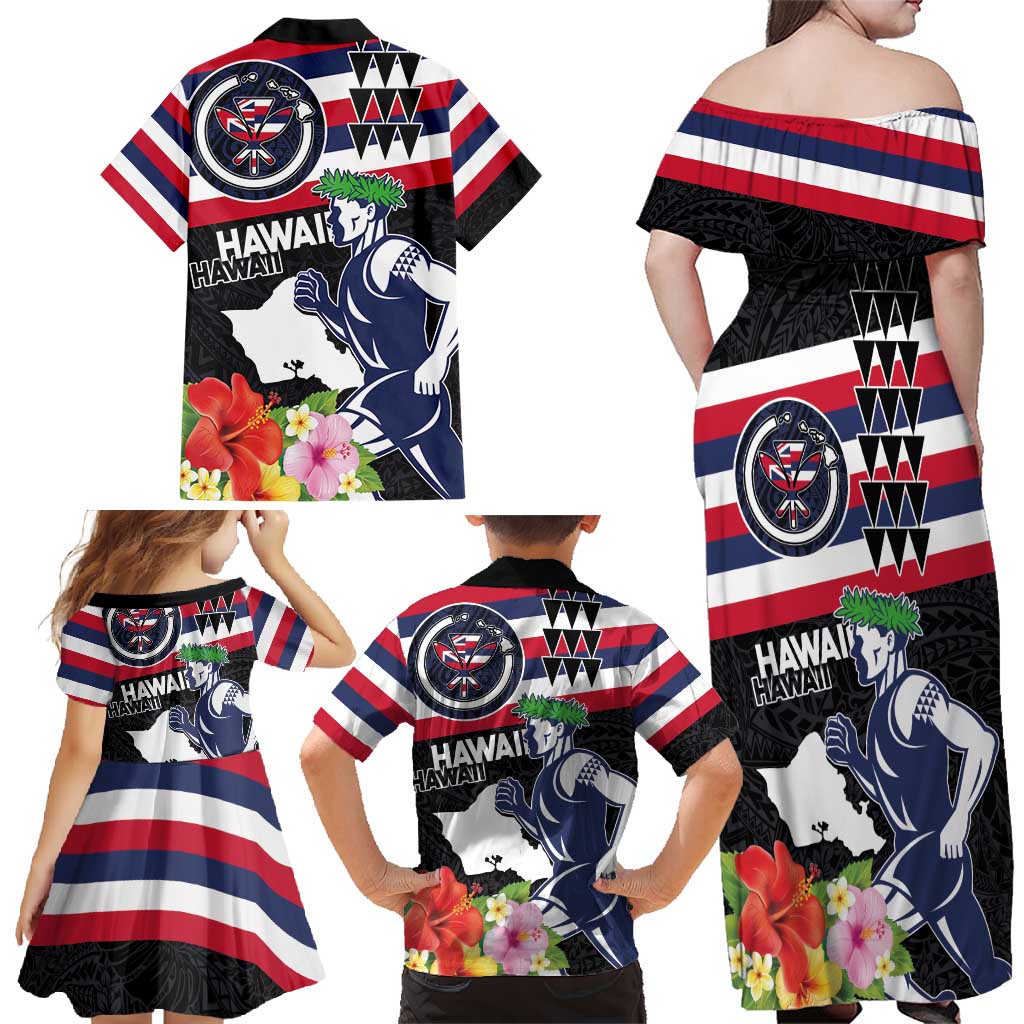 Honolulu Running Race Family Matching Off Shoulder Maxi Dress and Hawaiian Shirt Hawaii Marathon Kakau Art with Hibiscus and National Flag Style LT03 - Polynesian Pride