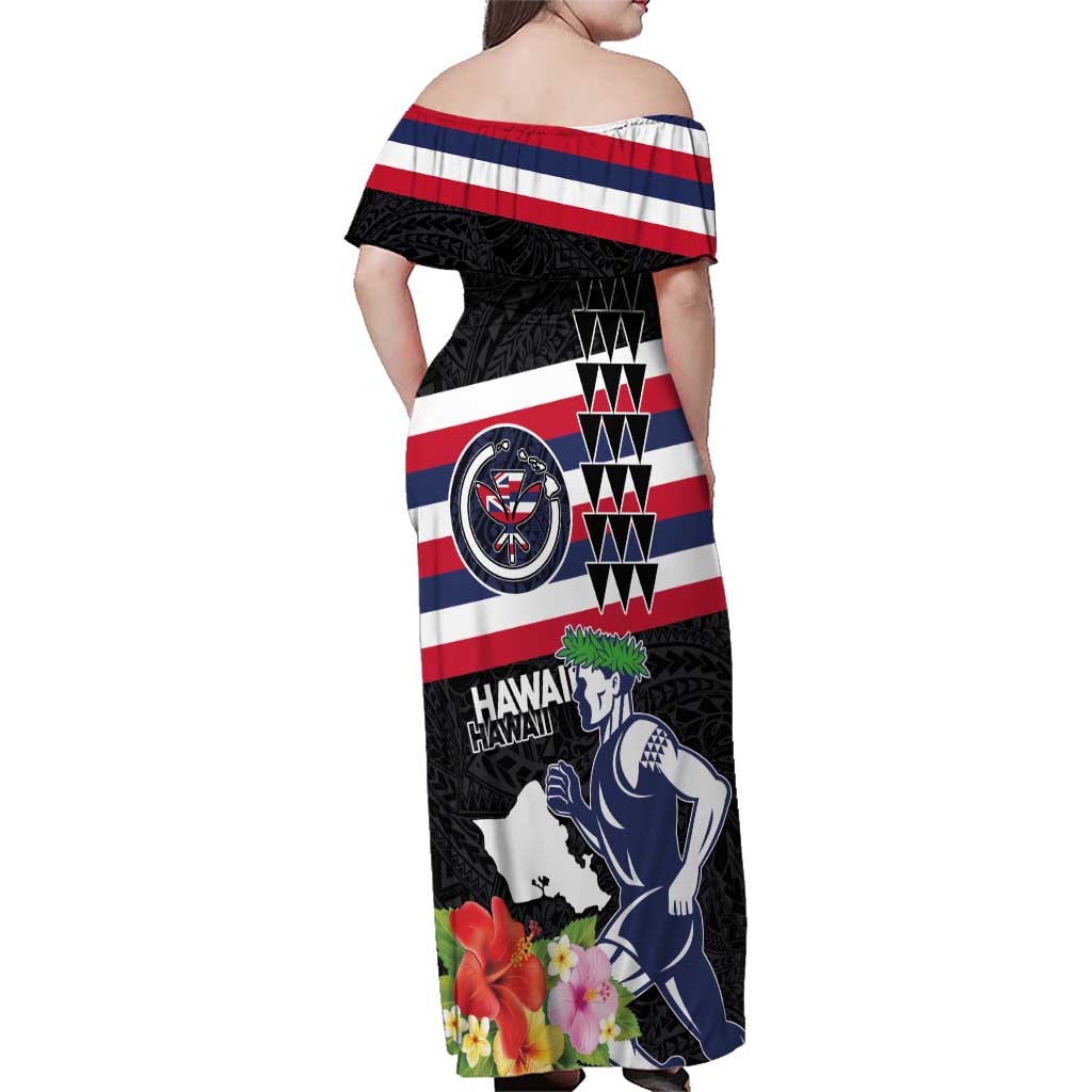 Honolulu Running Race Family Matching Off Shoulder Maxi Dress and Hawaiian Shirt Hawaii Marathon Kakau Art with Hibiscus and National Flag Style LT03 - Polynesian Pride