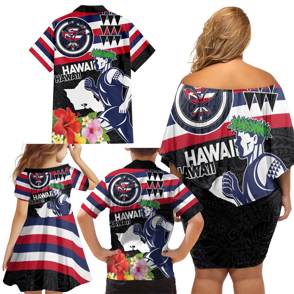 Honolulu Running Race Family Matching Off Shoulder Short Dress and Hawaiian Shirt Hawaii Marathon Kakau Art with Hibiscus and National Flag Style LT03 - Polynesian Pride