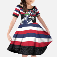 Honolulu Running Race Family Matching Puletasi and Hawaiian Shirt Hawaii Marathon Kakau Art with Hibiscus and National Flag Style LT03 Daughter's Dress Blue and White - Polynesian Pride