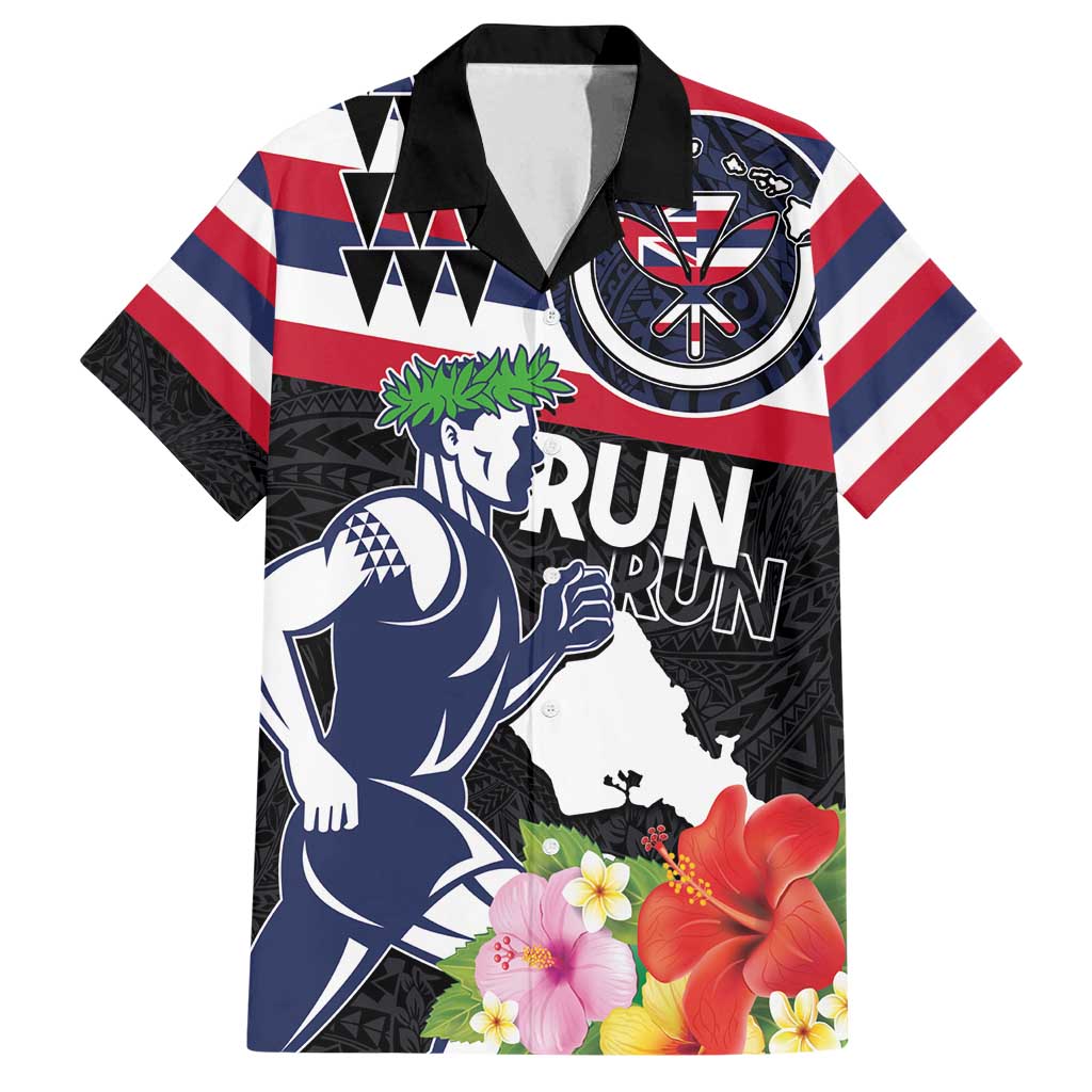 Honolulu Running Race Family Matching Puletasi and Hawaiian Shirt Hawaii Marathon Kakau Art with Hibiscus and National Flag Style LT03 Dad's Shirt - Short Sleeve Blue and White - Polynesian Pride