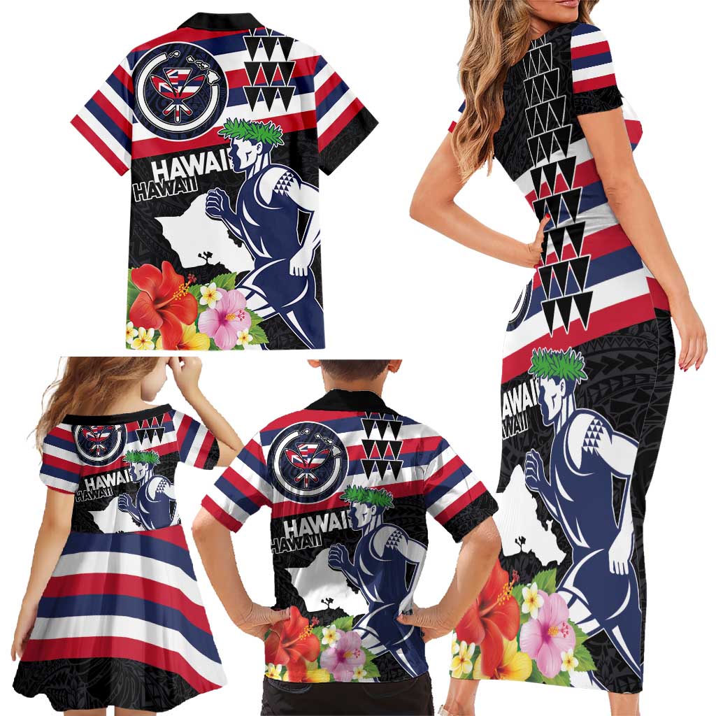 Honolulu Running Race Family Matching Short Sleeve Bodycon Dress and Hawaiian Shirt Hawaii Marathon Kakau Art with Hibiscus and National Flag Style LT03 - Polynesian Pride