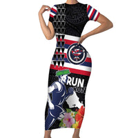Honolulu Running Race Family Matching Short Sleeve Bodycon Dress and Hawaiian Shirt Hawaii Marathon Kakau Art with Hibiscus and National Flag Style LT03 Mom's Dress Blue and White - Polynesian Pride